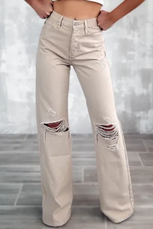 Khaki High Waist Ripped Denim