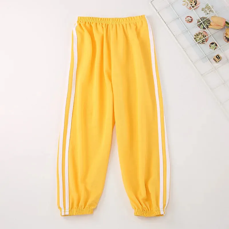 Kids Warm Pants Boy Girls Summer Cotton Linen Outer Wear Side Stripe Breathable Trousers 3-12Years Children Clothes Casual Pants
