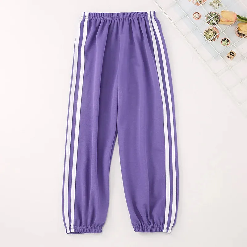 Kids Warm Pants Boy Girls Summer Cotton Linen Outer Wear Side Stripe Breathable Trousers 3-12Years Children Clothes Casual Pants