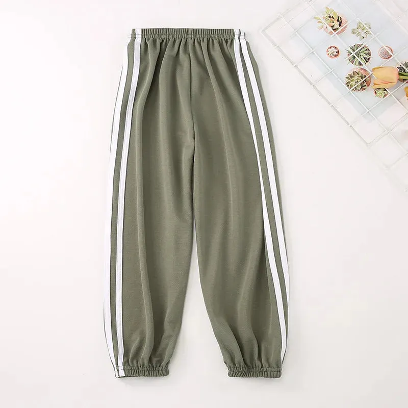 Kids Warm Pants Boy Girls Summer Cotton Linen Outer Wear Side Stripe Breathable Trousers 3-12Years Children Clothes Casual Pants