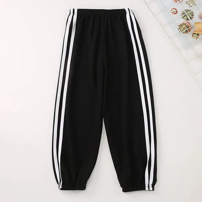Kids Warm Pants Boy Girls Summer Cotton Linen Outer Wear Side Stripe Breathable Trousers 3-12Years Children Clothes Casual Pants