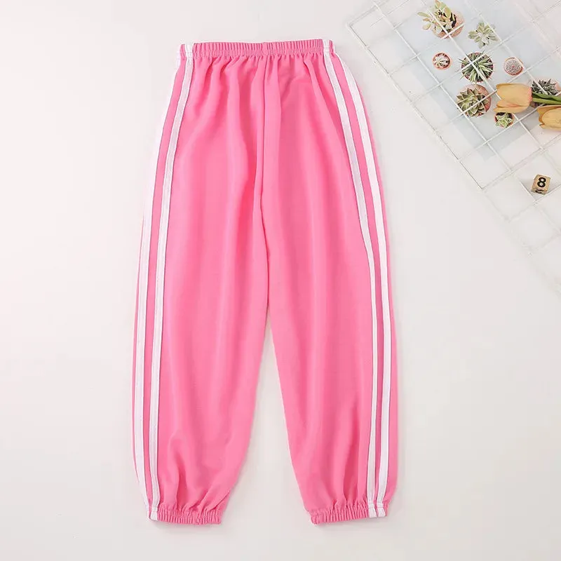 Kids Warm Pants Boy Girls Summer Cotton Linen Outer Wear Side Stripe Breathable Trousers 3-12Years Children Clothes Casual Pants
