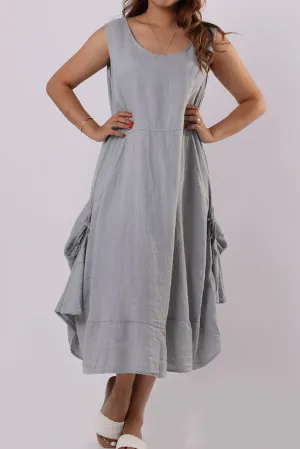 Linen Dress Tie Sides - Silver