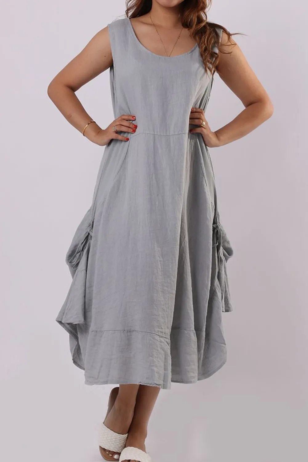 Linen Dress Tie Sides - Silver