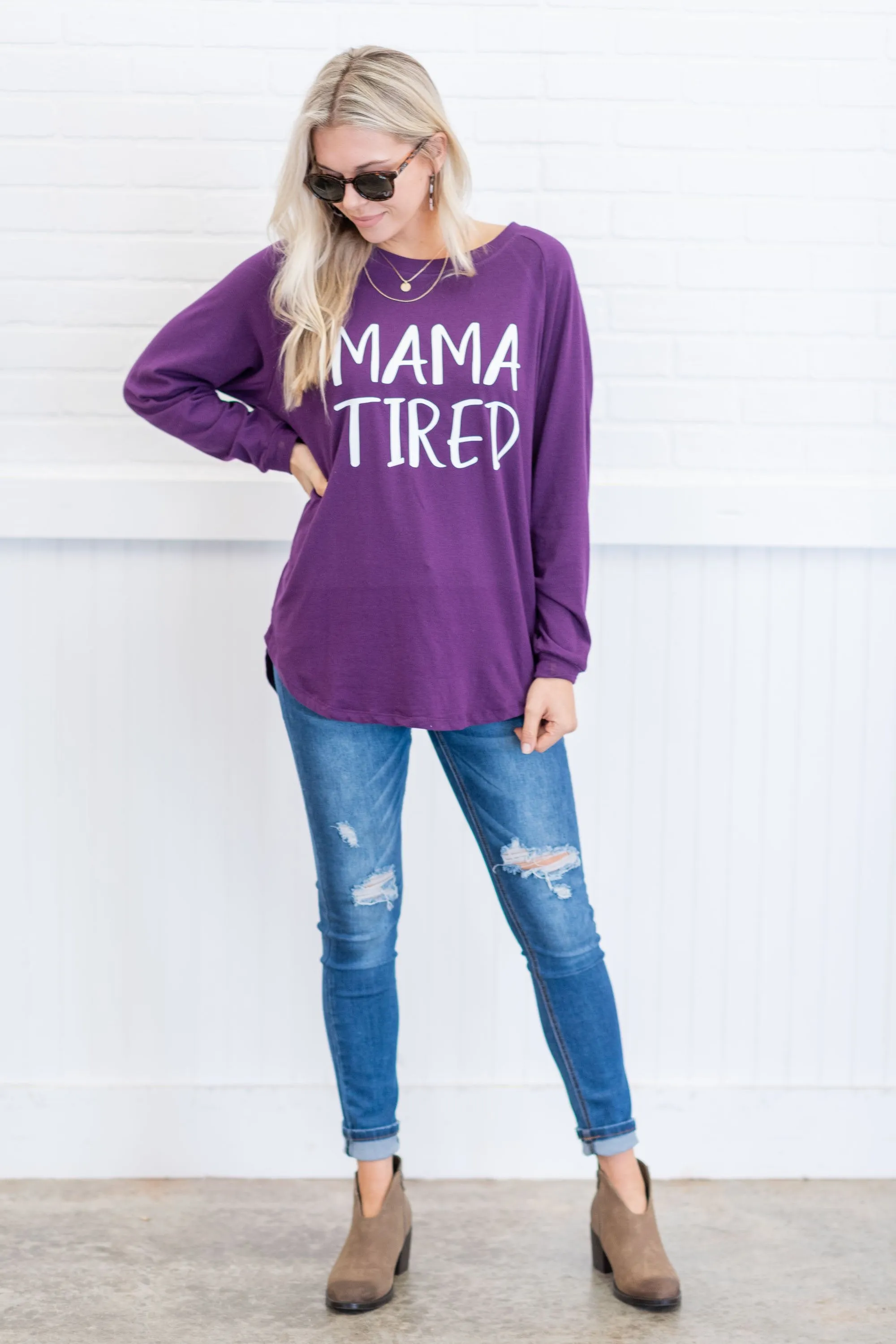 Mama Tired Eggplant Purple Graphic Tunic