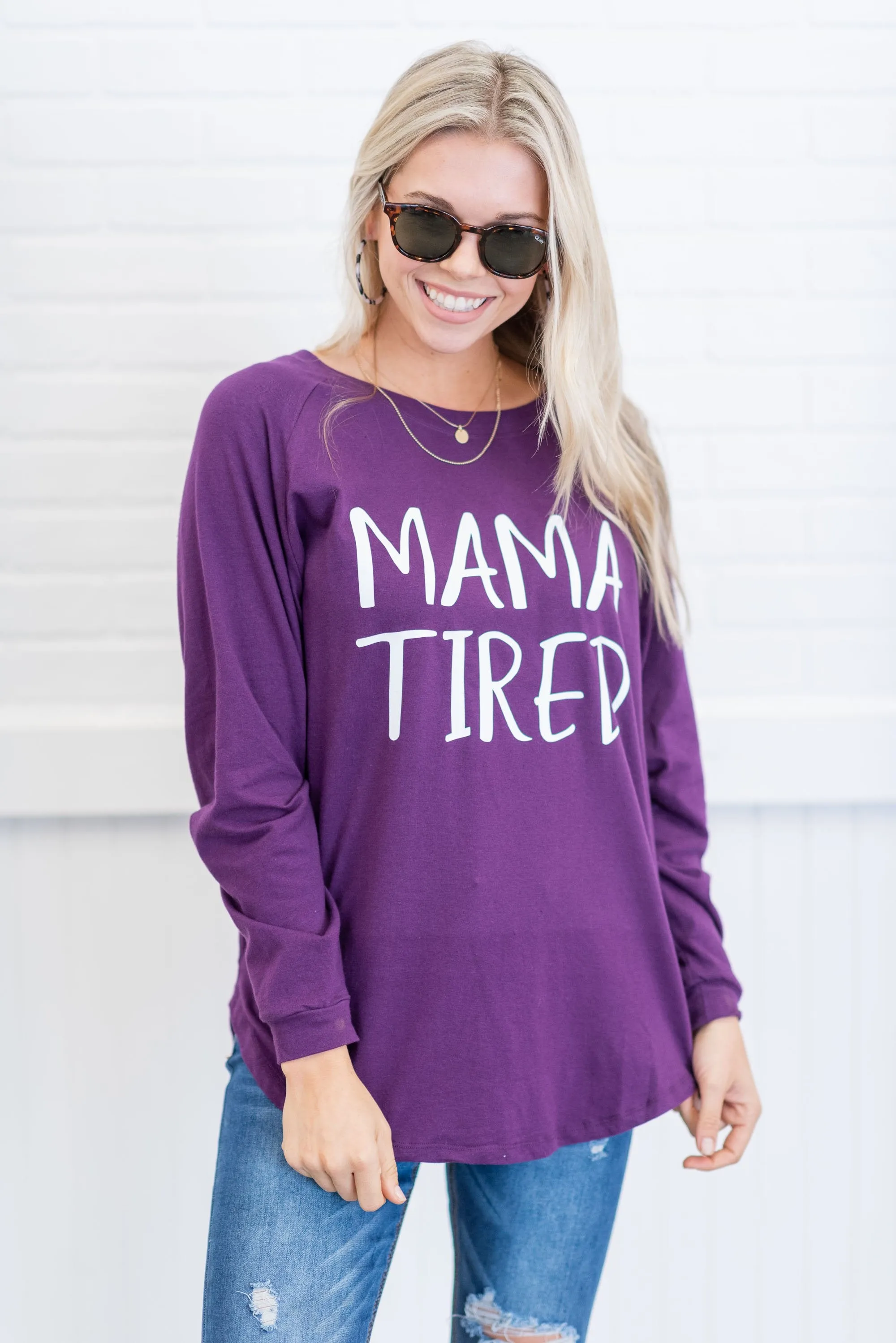 Mama Tired Eggplant Purple Graphic Tunic