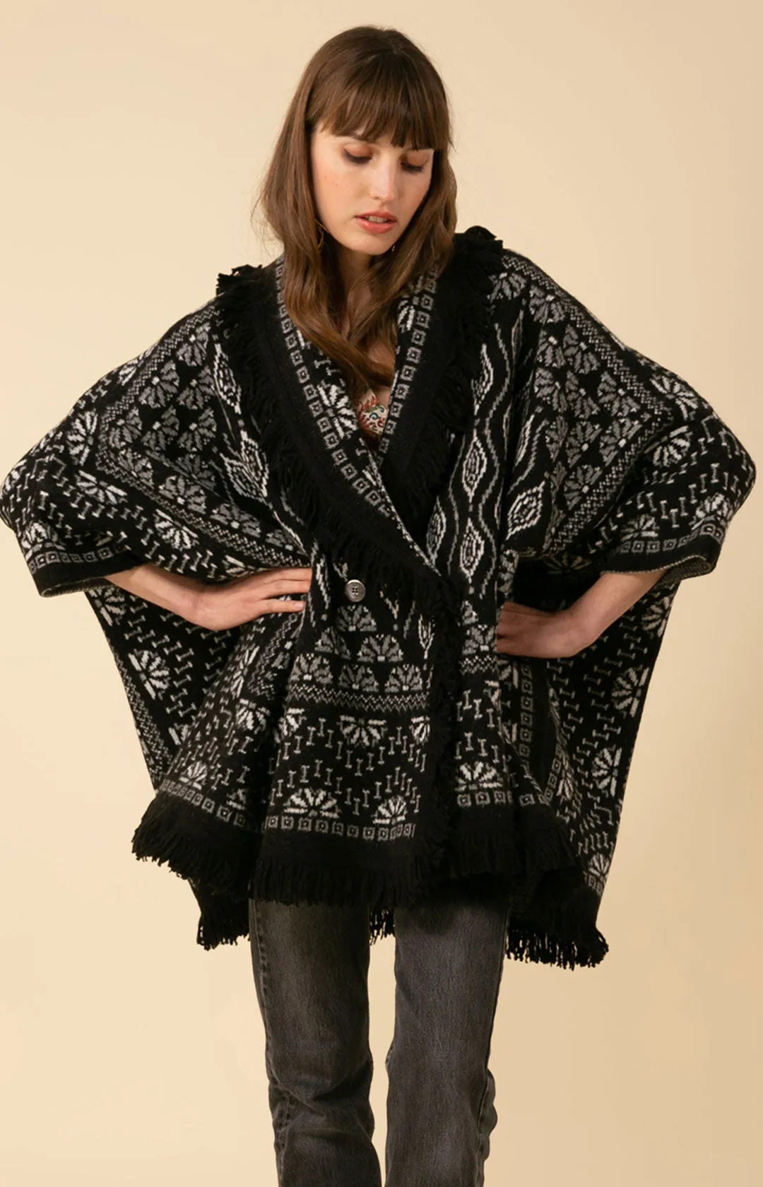 Maria Fringe Oversized Poncho Jacquard Sweater