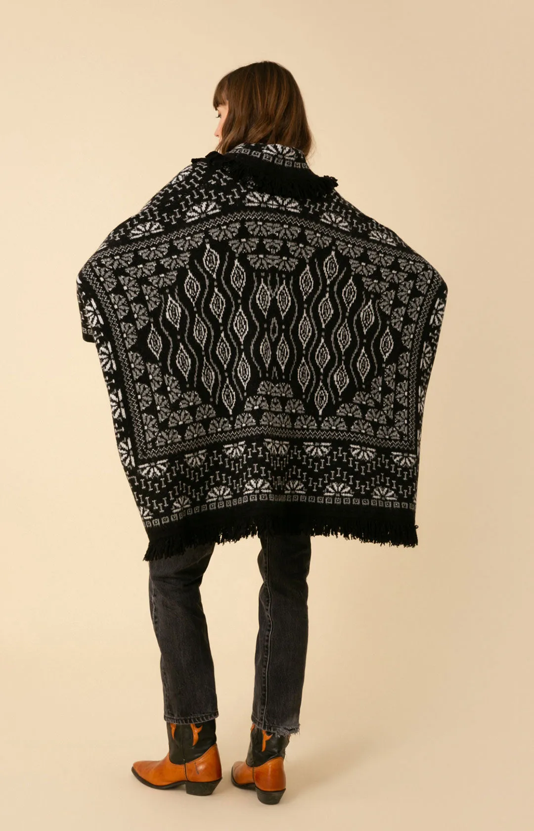 Maria Fringe Oversized Poncho Jacquard Sweater