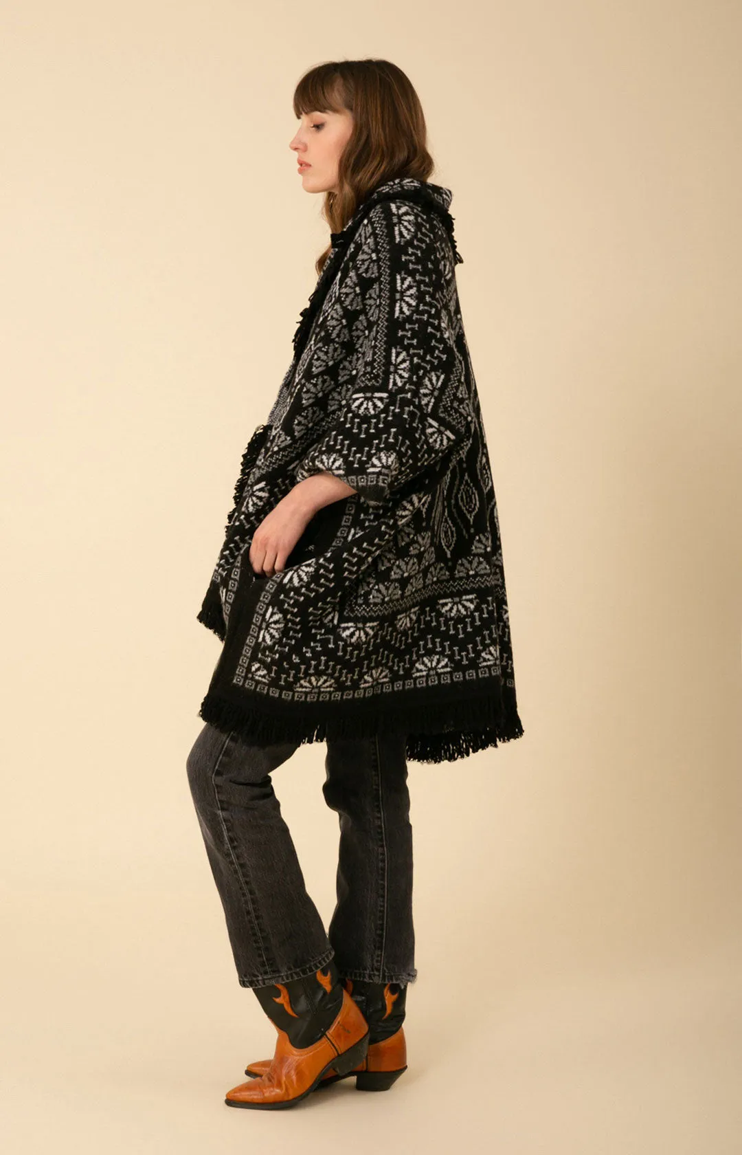 Maria Fringe Oversized Poncho Jacquard Sweater