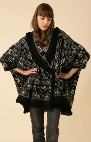 Maria Fringe Oversized Poncho Jacquard Sweater