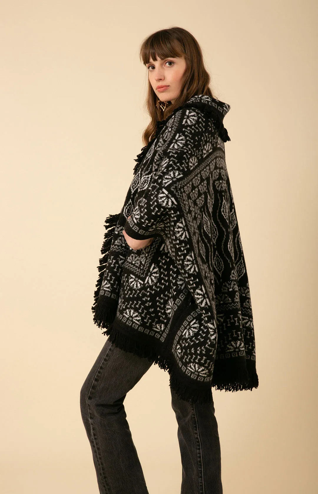 Maria Fringe Oversized Poncho Jacquard Sweater