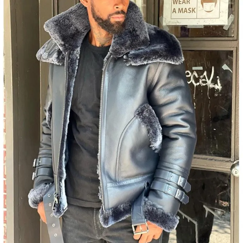 Men's Large Fur Collar Plus Velvet Thickened Leather Jacket 87581235YM