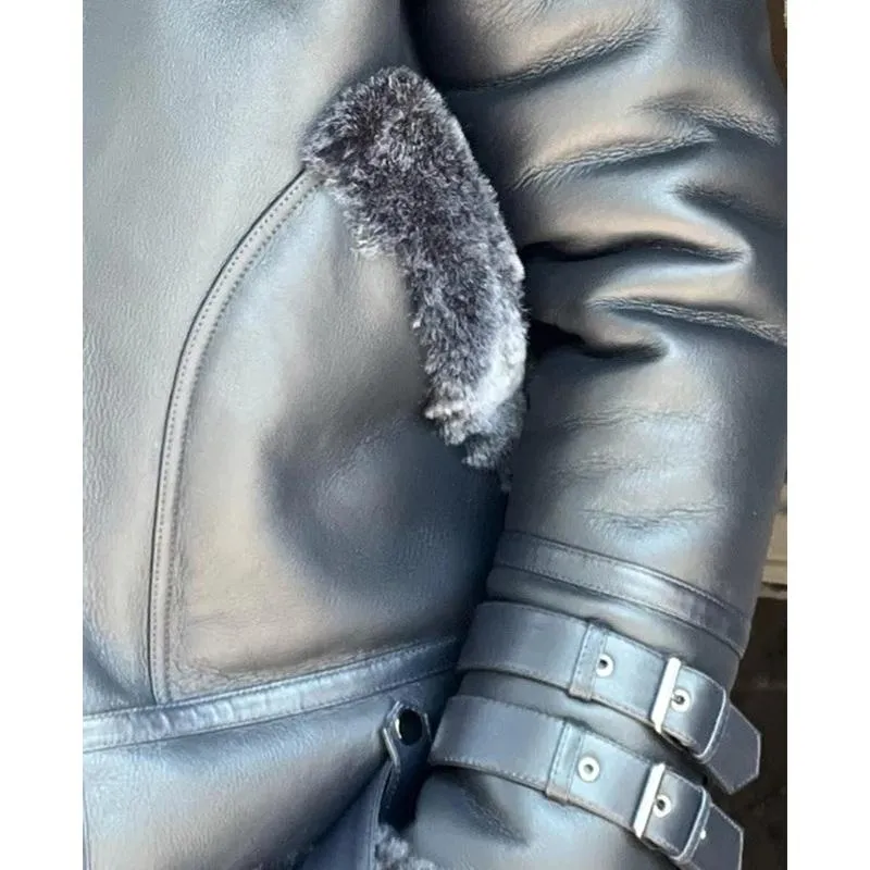 Men's Large Fur Collar Plus Velvet Thickened Leather Jacket 87581235YM