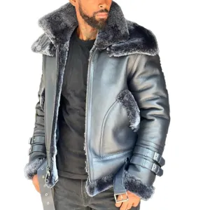 Men's Large Fur Collar Plus Velvet Thickened Leather Jacket 87581235YM