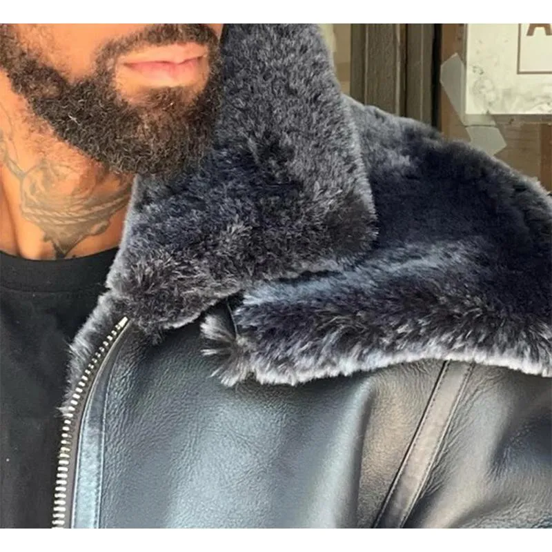 Men's Large Fur Collar Plus Velvet Thickened Leather Jacket 87581235YM