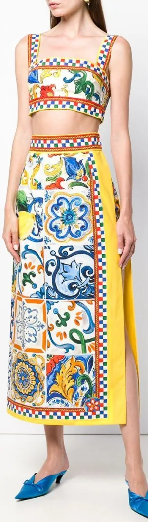 Multi-Colored Majolica Print Crop Top and Skirt Set