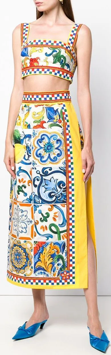 Multi-Colored Majolica Print Crop Top and Skirt Set