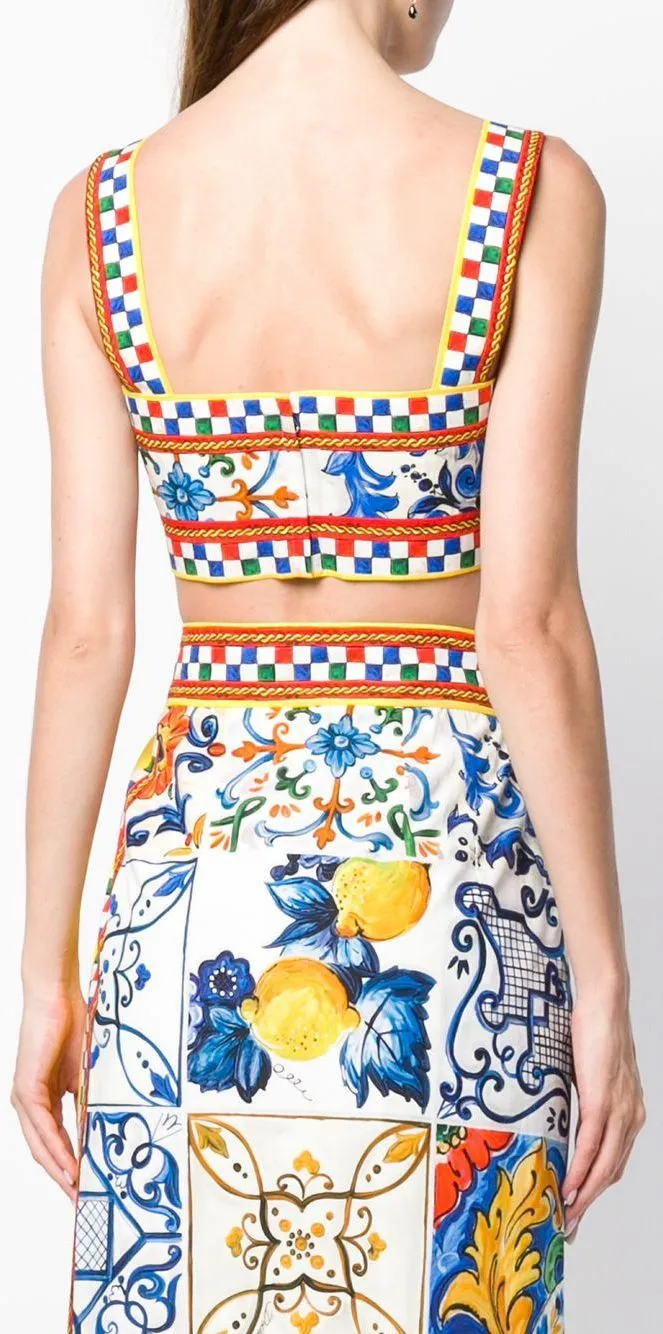 Multi-Colored Majolica Print Crop Top and Skirt Set