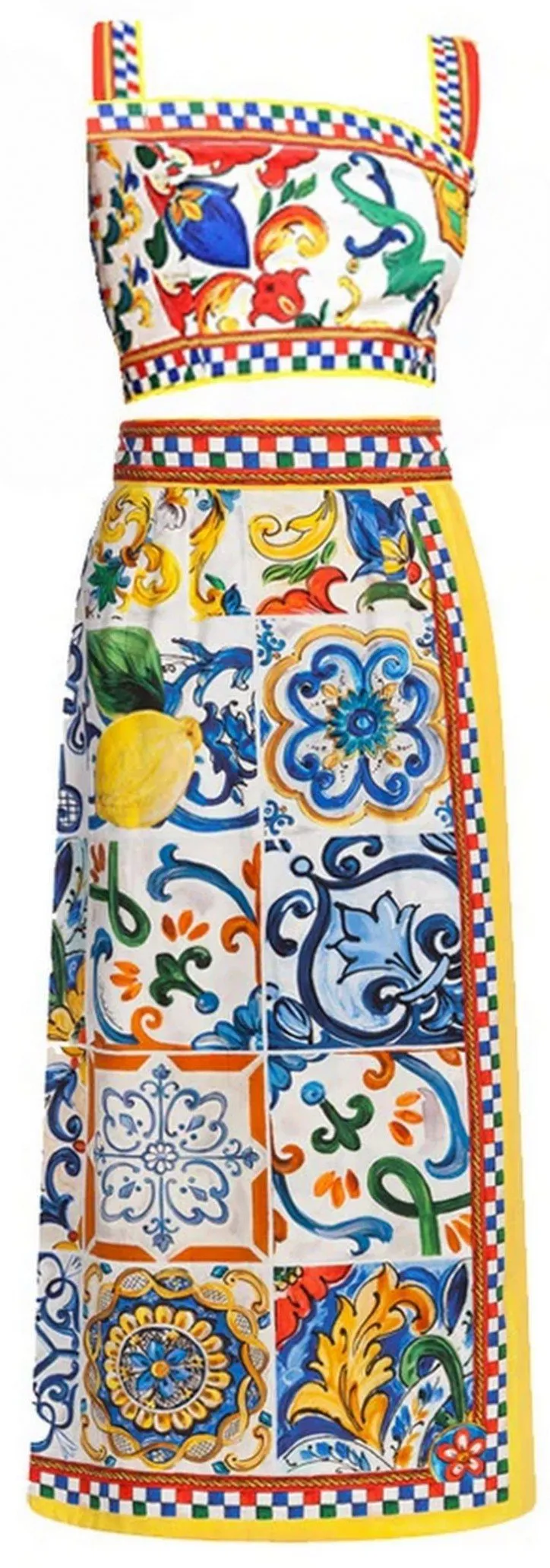 Multi-Colored Majolica Print Crop Top and Skirt Set