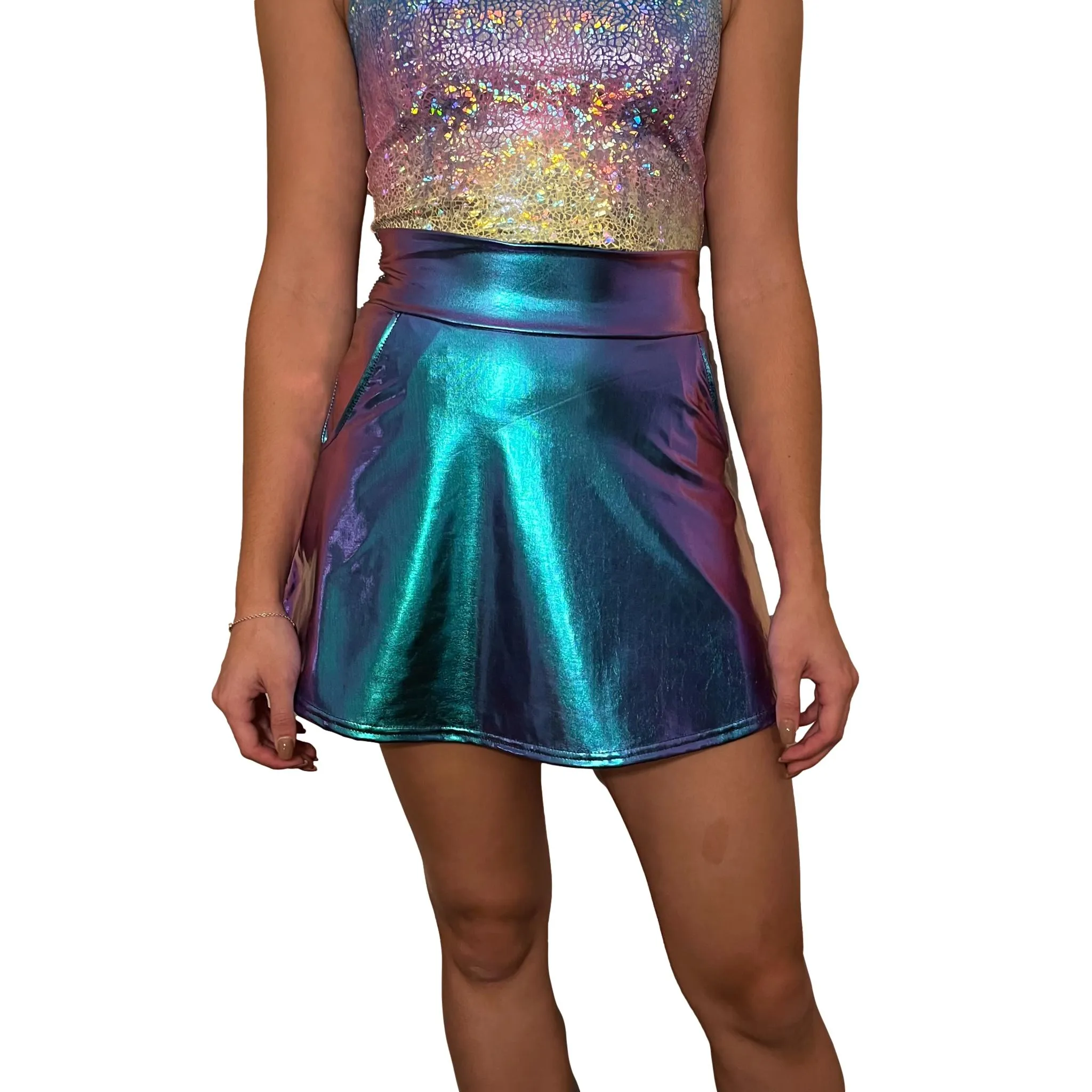 Oil Slick Holographic A-line Skirt w/Optional Pockets