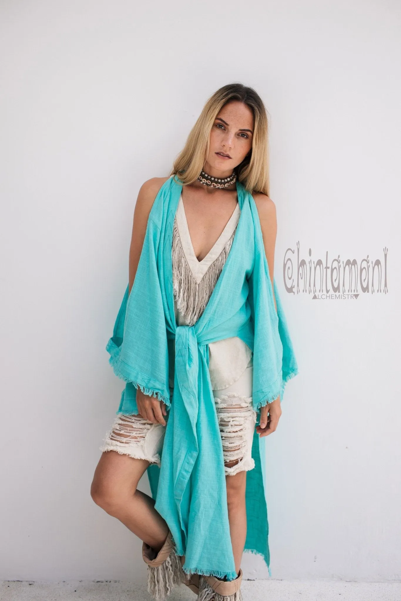 Organic Cotton Kimono Robe / Women Boho Cardigan / Turquoise