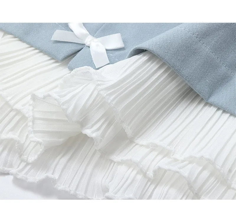 Pretty Light Blue White Bow Lace Decorated Short Skirt