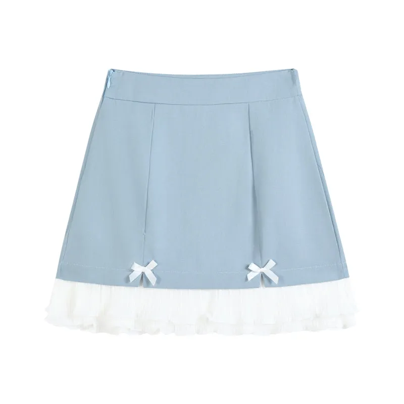 Pretty Light Blue White Bow Lace Decorated Short Skirt
