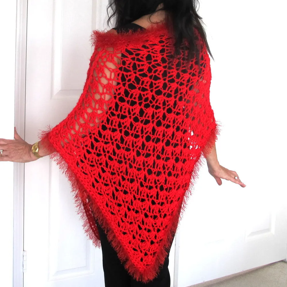 Red Crochet Lacy Poncho with fur trim, Asymmetrical Crochet Evening Wrap, Gift for Her