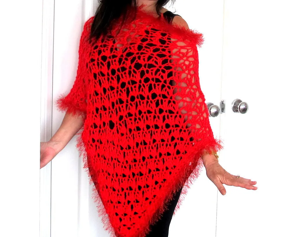 Red Crochet Lacy Poncho with fur trim, Asymmetrical Crochet Evening Wrap, Gift for Her