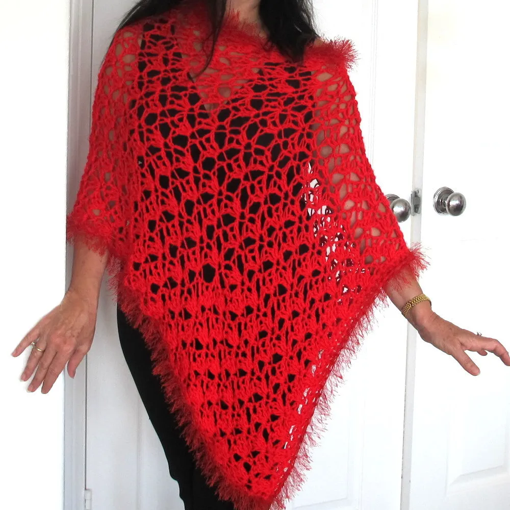 Red Crochet Lacy Poncho with fur trim, Asymmetrical Crochet Evening Wrap, Gift for Her
