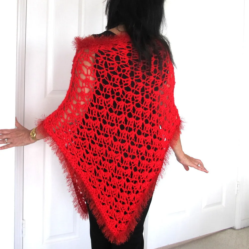 Red Crochet Lacy Poncho with fur trim, Asymmetrical Crochet Evening Wrap, Gift for Her