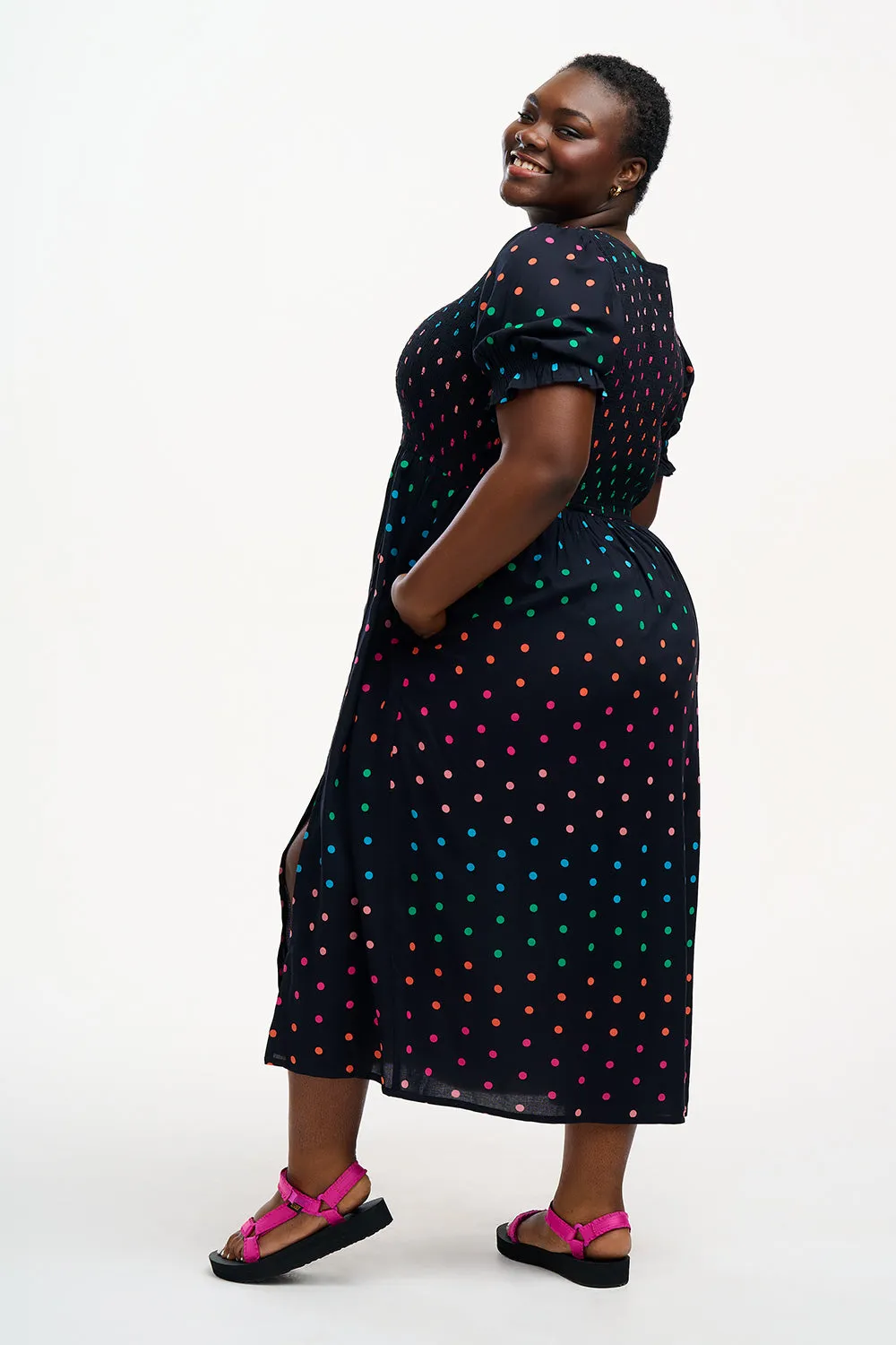 Rosita Midi Shirred Dress - Black, Rainbow Polka