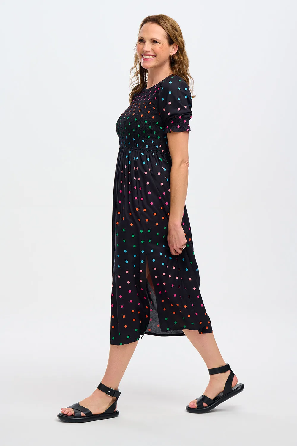 Rosita Midi Shirred Dress - Black, Rainbow Polka