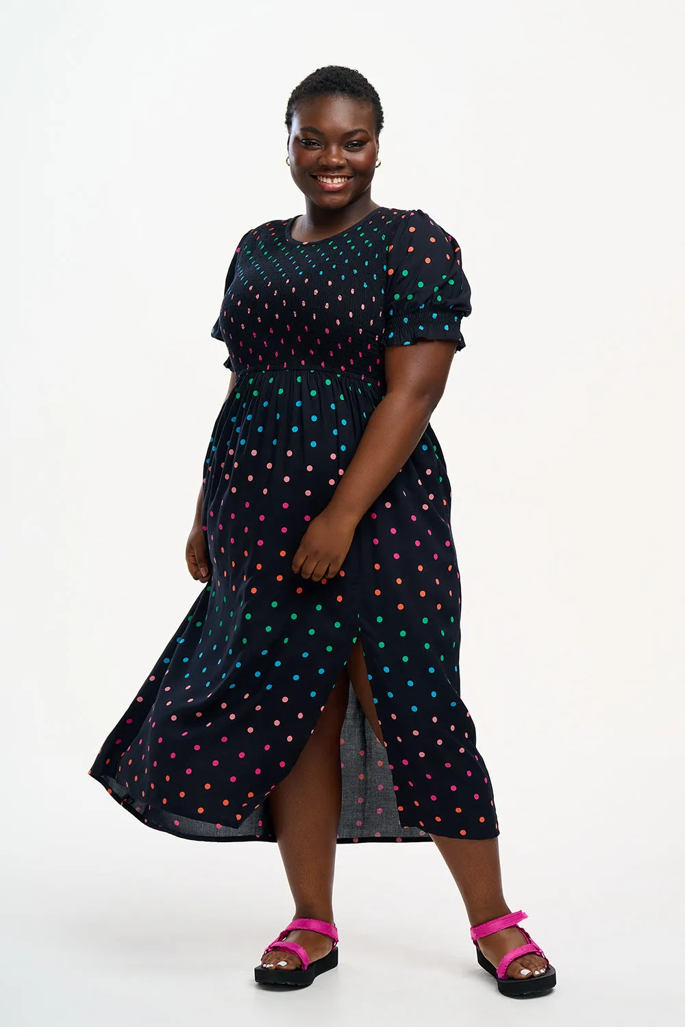 Rosita Midi Shirred Dress - Black, Rainbow Polka