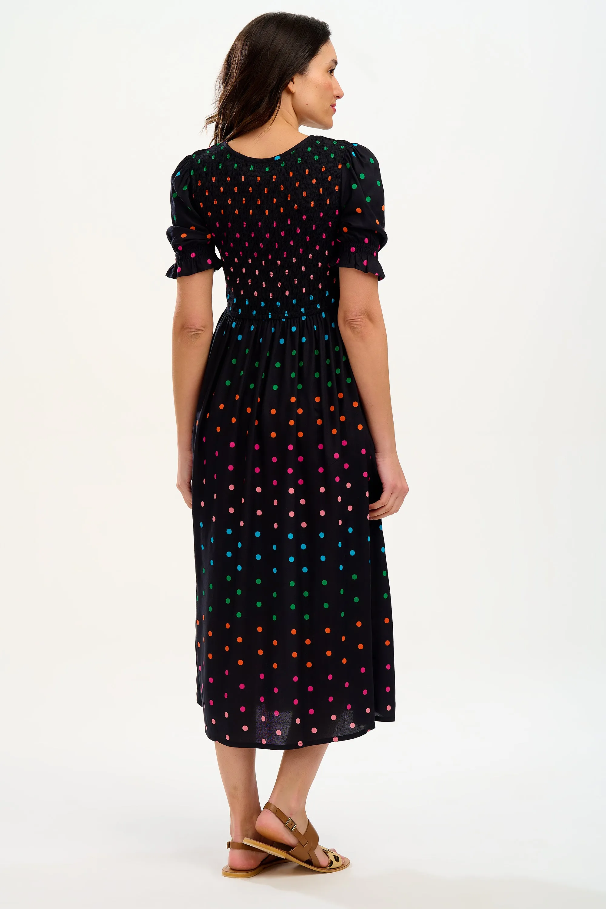 Rosita Midi Shirred Dress - Black, Rainbow Polka