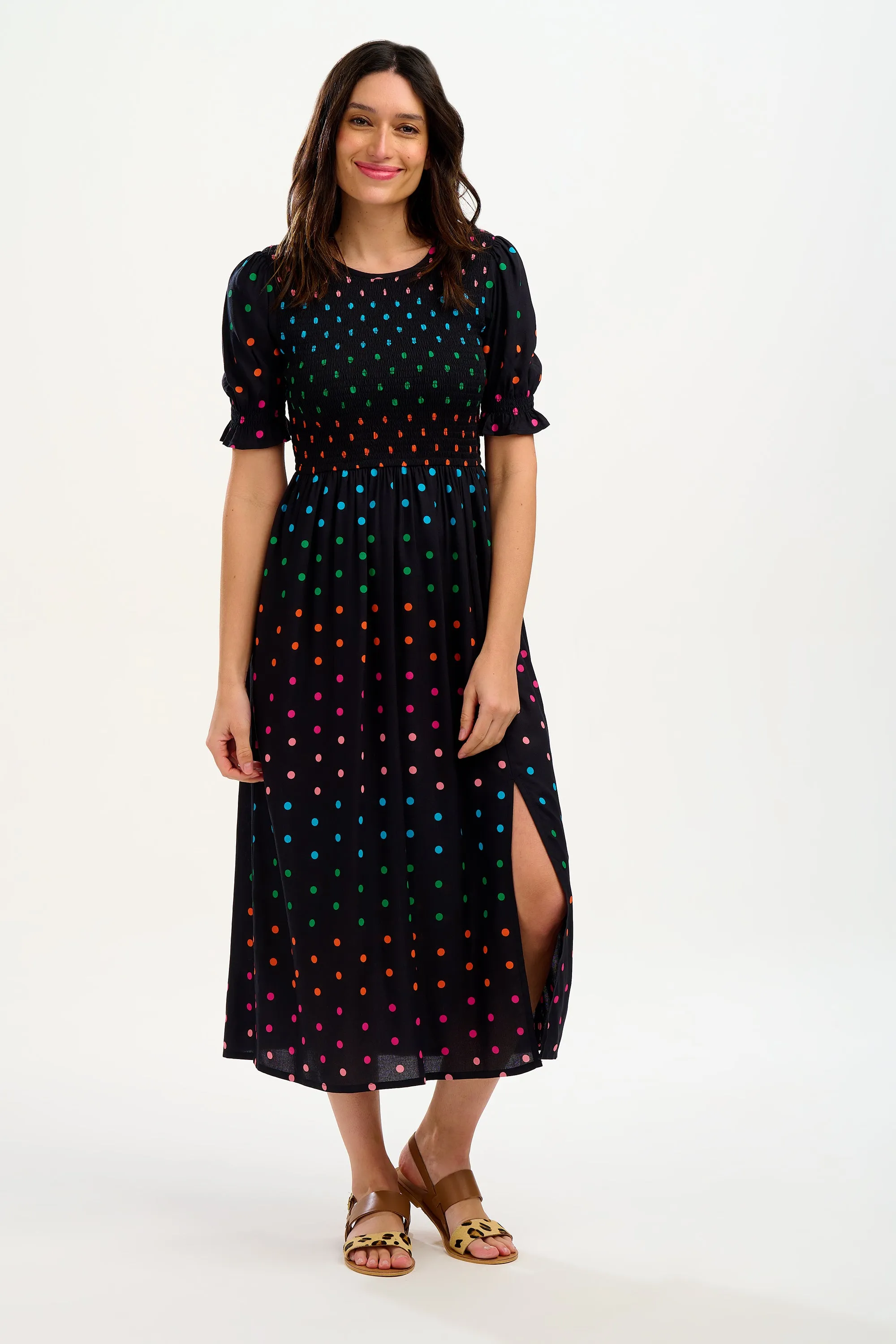 Rosita Midi Shirred Dress - Black, Rainbow Polka