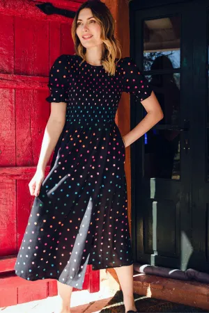 Rosita Midi Shirred Dress - Black, Rainbow Polka