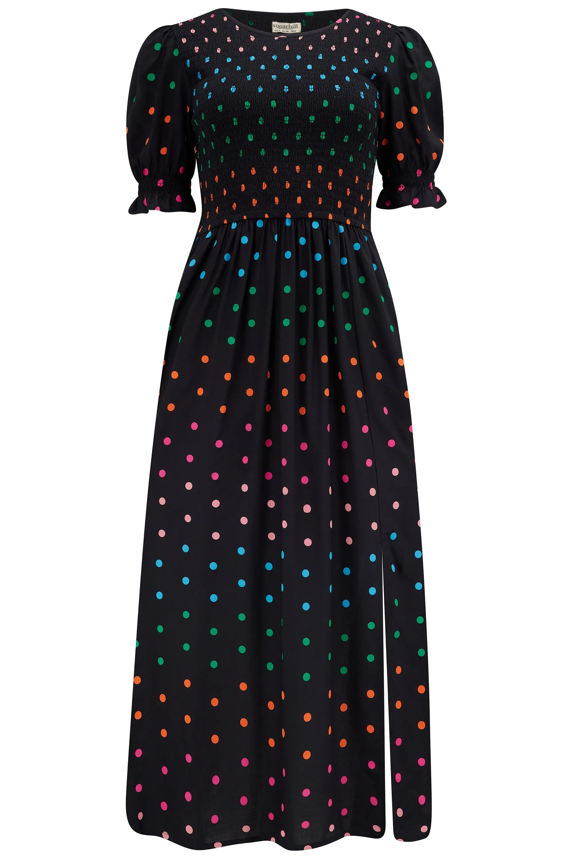 Rosita Midi Shirred Dress - Black, Rainbow Polka