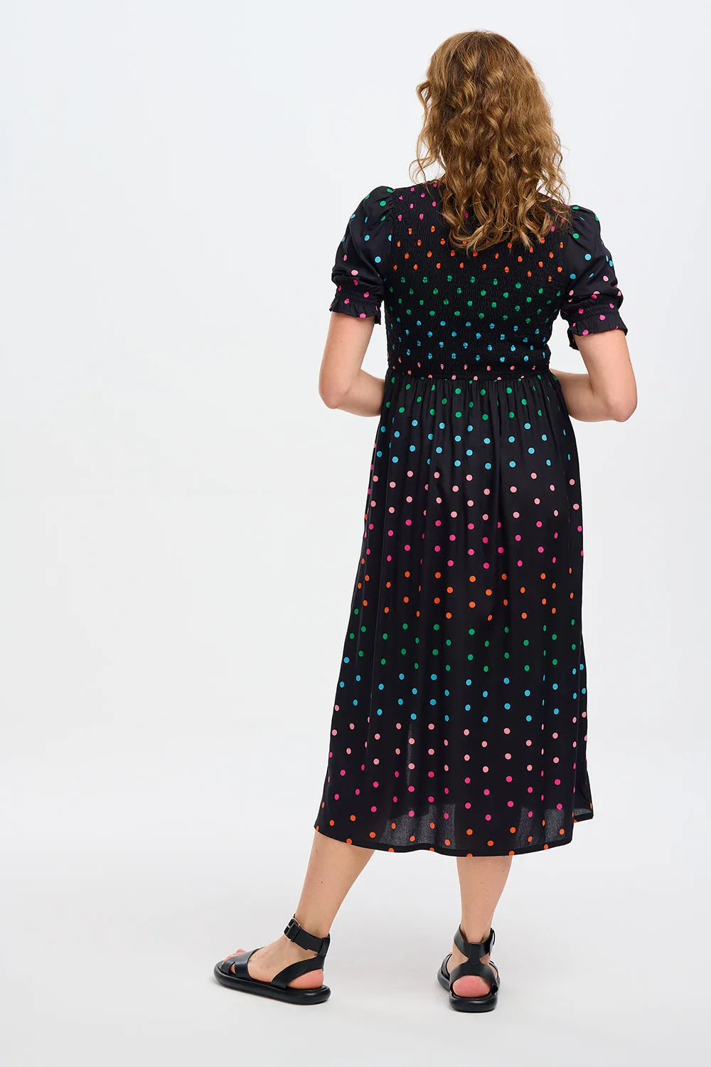 Rosita Midi Shirred Dress - Black, Rainbow Polka