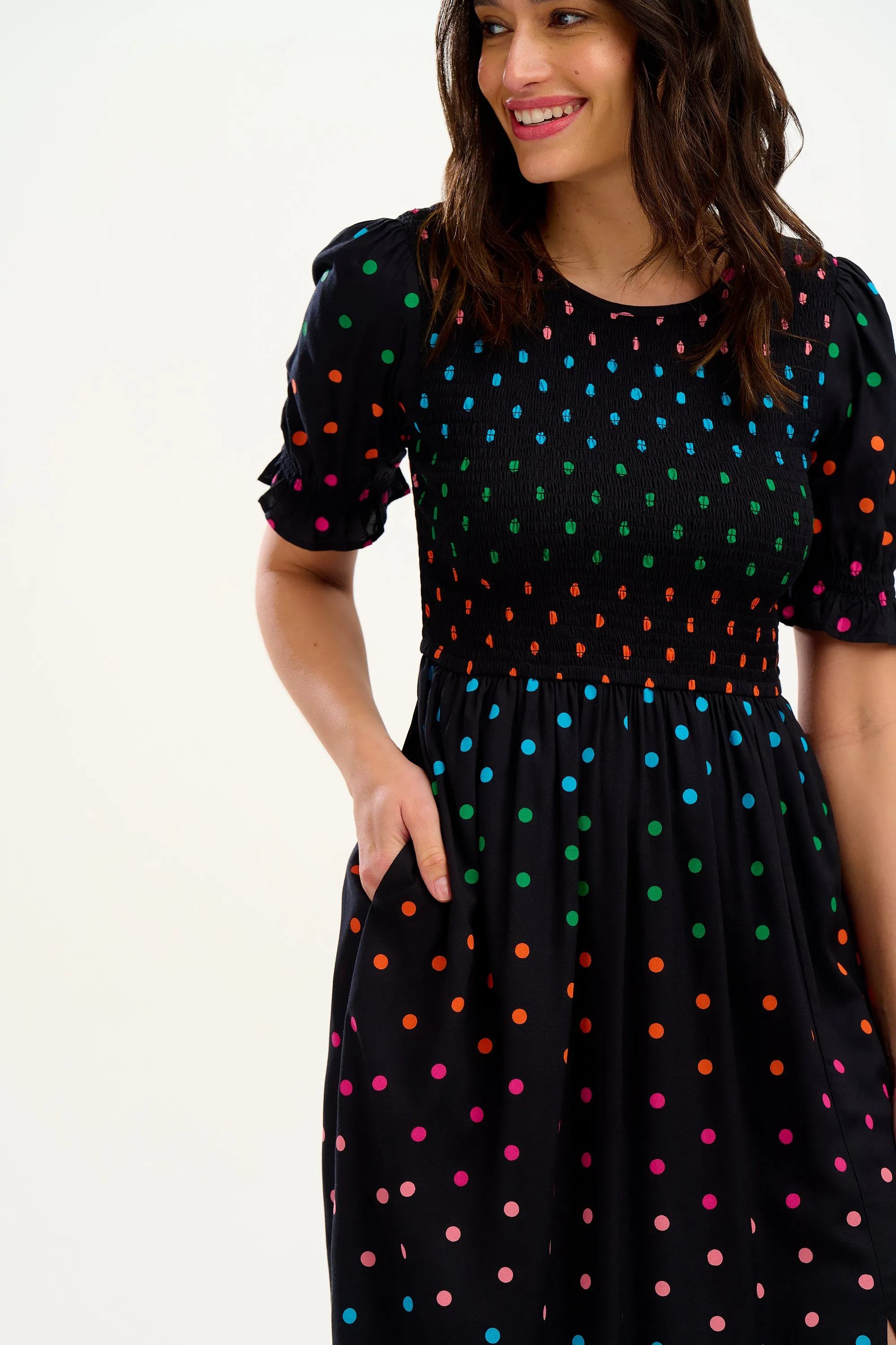 Rosita Midi Shirred Dress - Black, Rainbow Polka