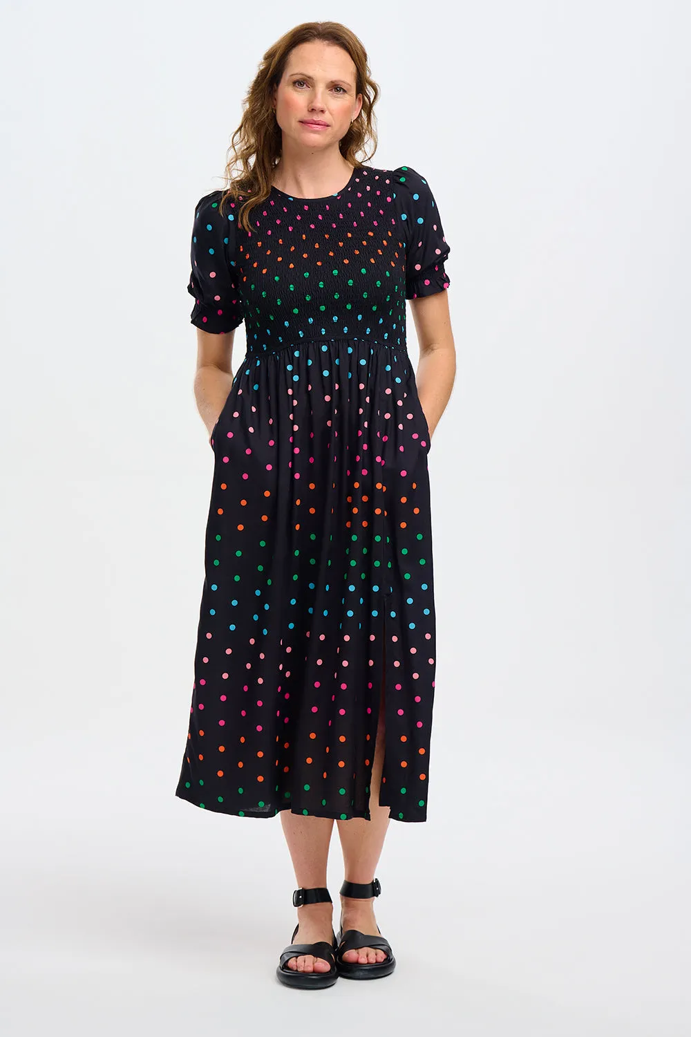 Rosita Midi Shirred Dress - Black, Rainbow Polka