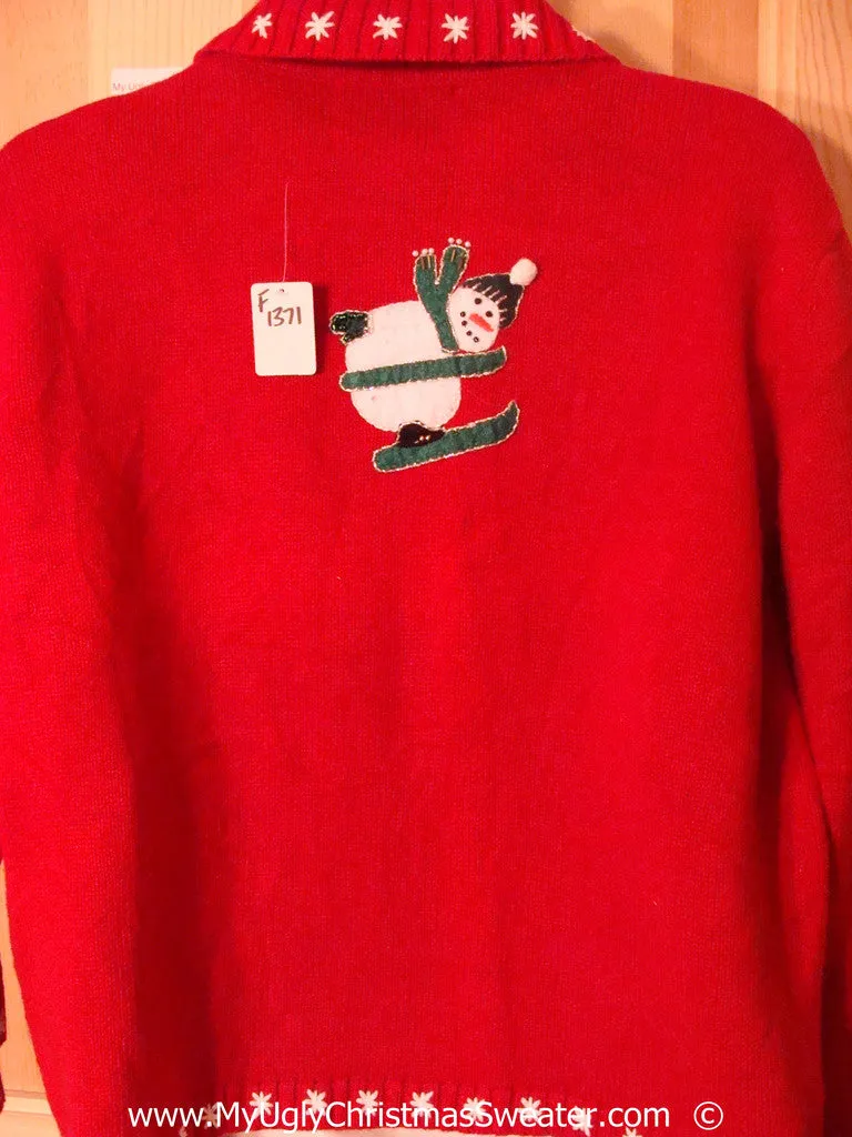 Ski Themed Tacky Christmas Sweater with Skiing Snowmen (f1371)