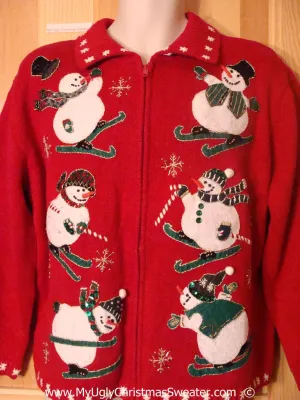 Ski Themed Tacky Christmas Sweater with Skiing Snowmen (f1371)