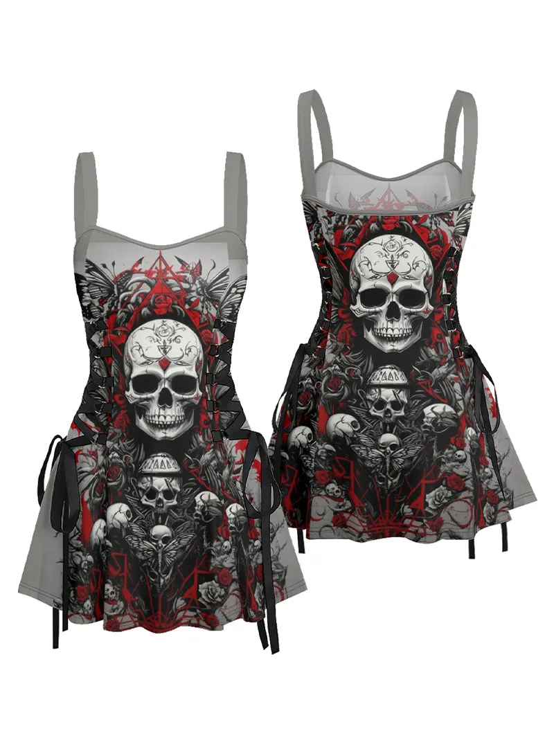 Skull King Printed Lace up Suspender Skirt