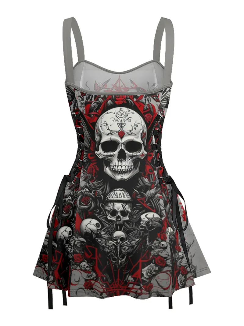 Skull King Printed Lace up Suspender Skirt