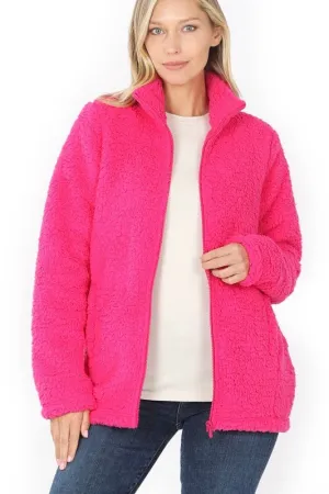 Soft Sherpa Jacket with Side Pockets, Hot Pink
