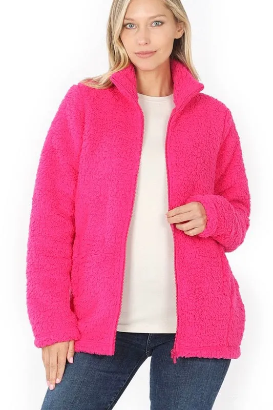 Soft Sherpa Jacket with Side Pockets, Hot Pink