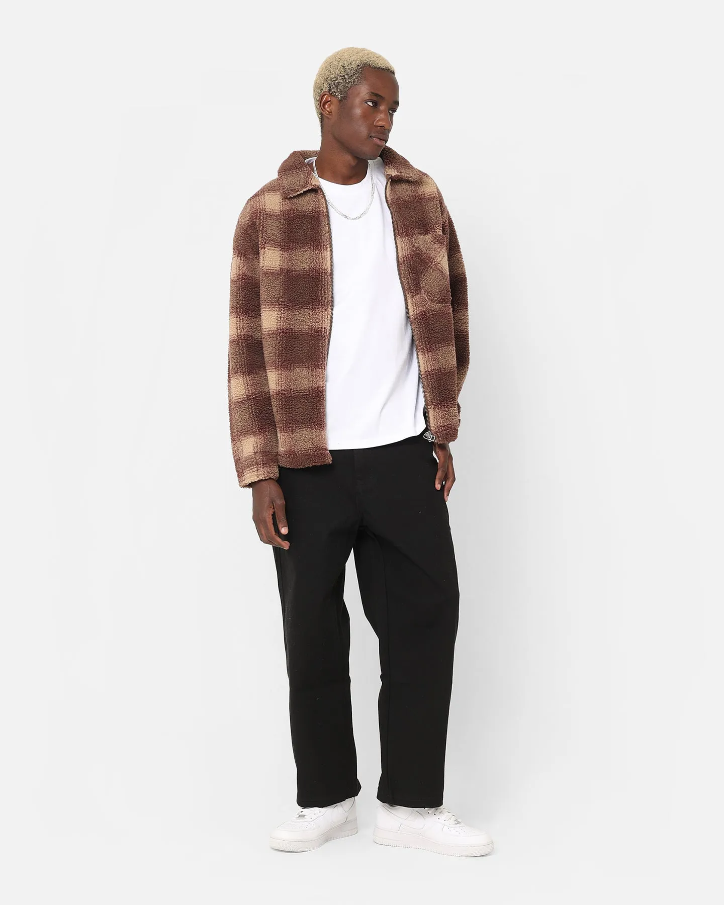 Stussy Shadow Plaid Sherpa Zip Shirt Brown