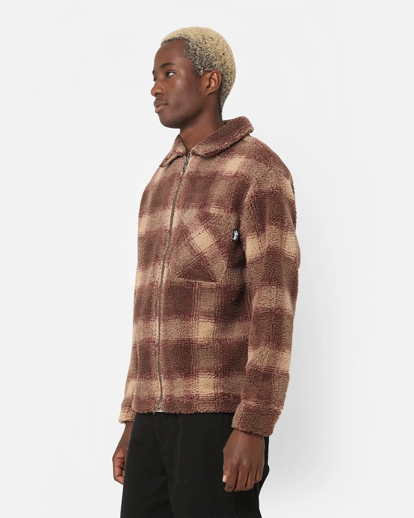 Stussy Shadow Plaid Sherpa Zip Shirt Brown