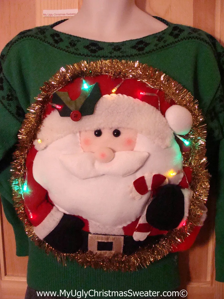 Tacky 3D Ugly Christmas Vintage Green Sweater Puffy Santa with Lights (A36)